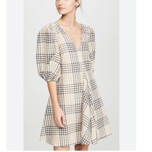 Ganni size 42 US L short dress seersucker tan plaid v-neck puff sleeve cotton
